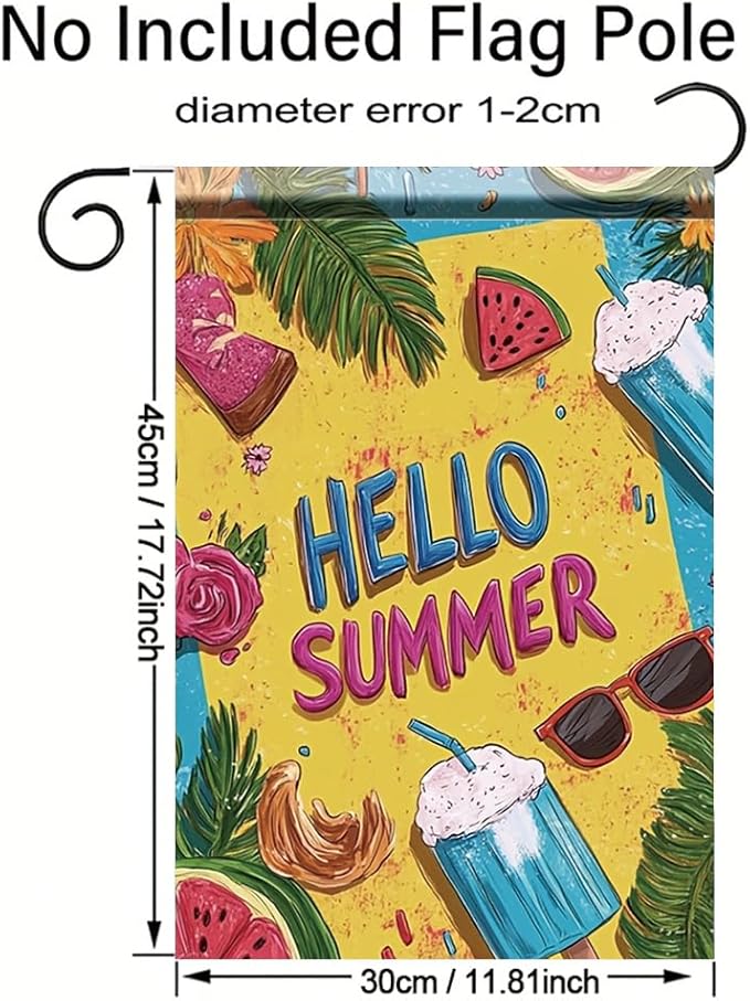 Hello Summer Garden Flag 12x18 Inch Double Sided Outdoor Yard Banner Colorful Tropical Fruits Ice Cream Sunglasses Design Seasonal Welcome Decor for Patio Porch Lawn