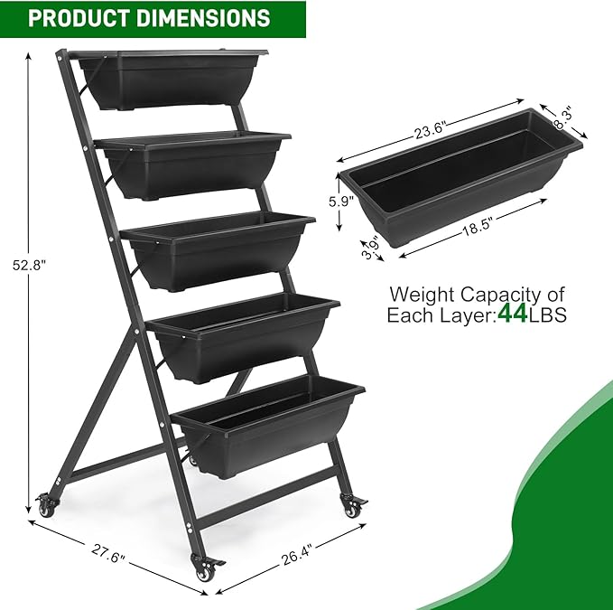 5 Tiers Vertical Elevated Raised Garden Beds,Metal Tiered Planter Stand,Indoor Outdoor Plant Display Rack,Vegetable Flower Raised Stands,with Wheels,for Patio Balcony Lawn Porch Backyard (Black)