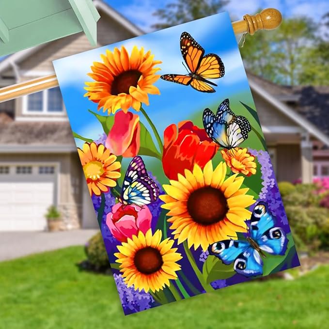 large Garden Flag 28x40 Double Sided sunflower spring flag, monarch Butterfly Floral Flower Welcome Garden Yard House Flags Outside House Spring Summer Décor