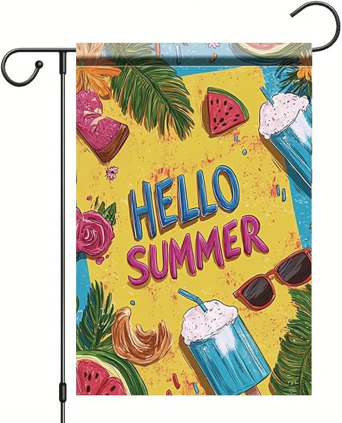 Hello Summer Garden Flag 12x18 Inch Double Sided Outdoor Yard Banner Colorful Tropical Fruits Ice Cream Sunglasses Design Seasonal Welcome Decor for Patio Porch Lawn