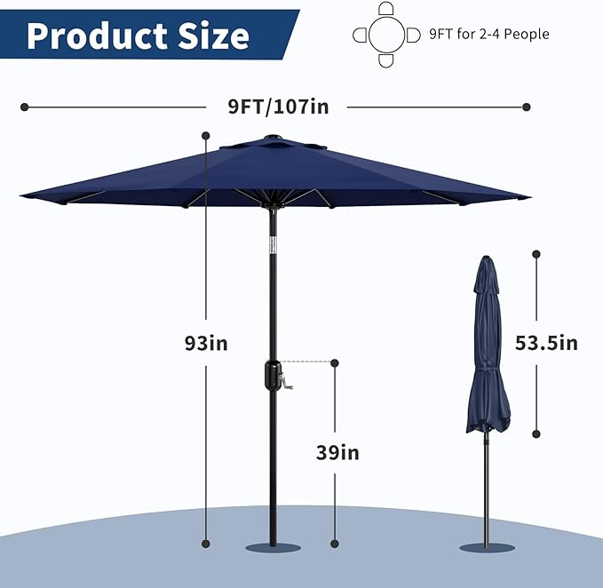 9 ft Patio Umbrella - 8 Sturdy Ribs Outdoor Table Umbrella with Crank Lift & Push Button Tilt - Market Umbrella for Pool, Deck, Yard, Garden - Navy Blue
