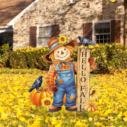 Fall Yard Sign Scarecrow Pumpkin Flower Metal Garden Stakes Hello Fall Lawn Ornaments Seasonal Harvest Decoration for Autumn Thanksgiving Outdoor Porch Patio Garden