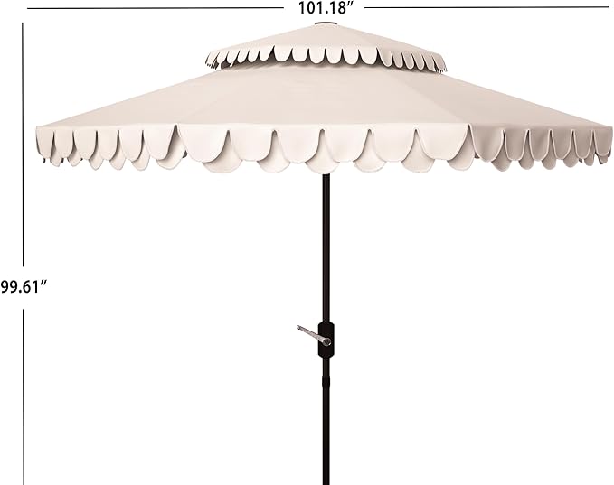 SAFAVIEH 9ft Outdoor Patio Umbrella, Double Top, Valance, Beige & White Trim, Double Top, Auto Crank Tilt, UV Resistant for Deck, Backyard, Poolside (PAT8206C)