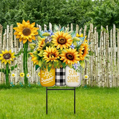 Summer Sunflower Outdoor Decor Metal Garden Stakes 25 Inch Summer Welcome Yard Signs Decorations Outdoor Sunflower Decorative Garden Stakes Patio Lawn Walkway Backyard Porch Decorations (Summer Sunflower Mason Jars)