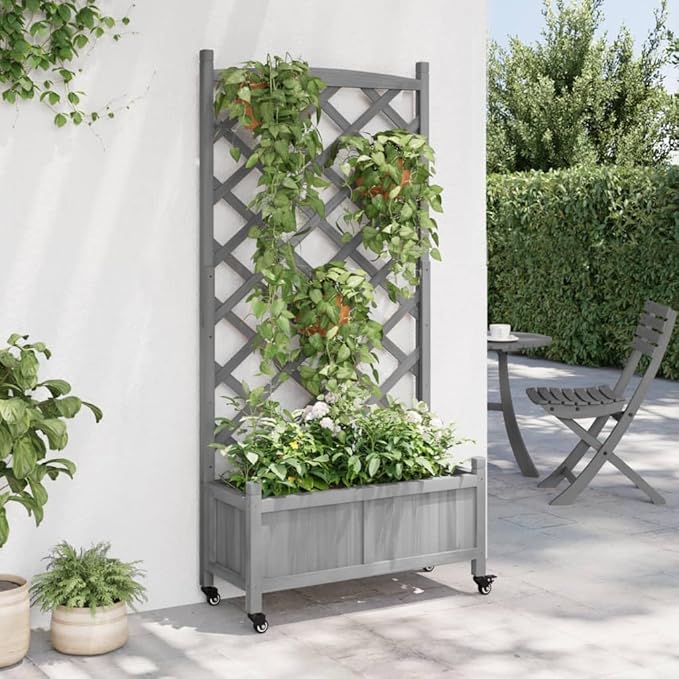 Grey Raised Garden Bed Planter with Wheels and Trellis, Solid Fir Wood and Iron Rectangular Large Elevated Planter Box for Outdoor Indoor Plants Flowers Vegetables Patio Garden