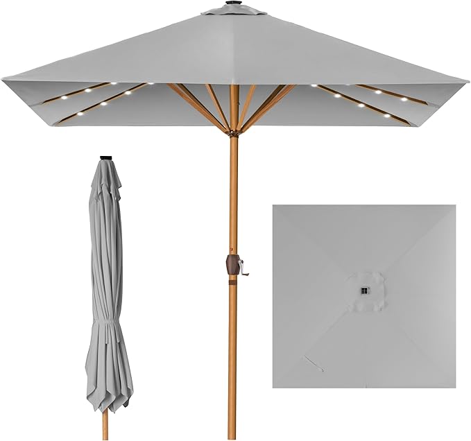 Best Choice Products 9ft Deep Square Solar Powered LED Lighted Patio Umbrella w/Woodgrain Pattern, UV-Resistant Fabric, Hand Crank - Fog Gray