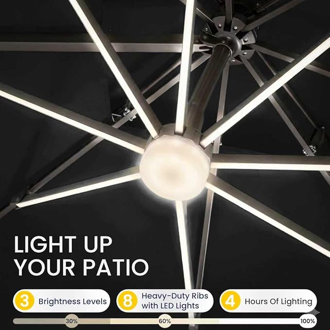 10x10 FT Cantilever Patio Umbrella with Base and Led Lights Double Top Outdoor Square Large Heavy Duty Aluminum Offset Umbrellas with 7 Level Tilt 360-degree Rotation for Pool Garden Deck, Black