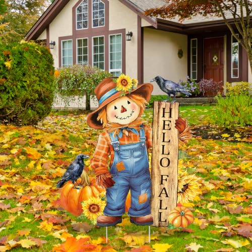 Fall Yard Sign Scarecrow Pumpkin Flower Metal Garden Stakes Hello Fall Lawn Ornaments Seasonal Harvest Decoration for Autumn Thanksgiving Outdoor Porch Patio Garden