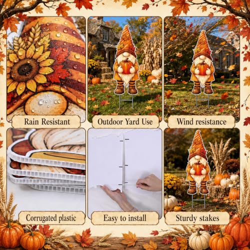 3 Pcs Fall Yard Decoration Autumn Gnome Yard Sign Stakes Outdoor Lawn Decor (Orange Yellow)