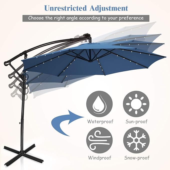 Tangkula 10 FT Solar Patio Umbrella, Offset Cantilever Outdoor Umbrella with 360 Degree Rotation, Aluminum Pole, Easy Tilt Adjustment, Crank Handle & Cross Base for Pool Deck Garden Backyard