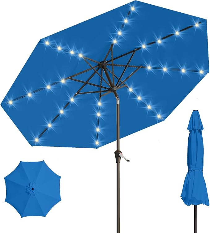 9FT Solar Umbrella 32 LED Lighted Patio Umbrella Table Market Umbrella w/Tilt and Crank, UV-Resistant Outdoor Umbrella for Pool, Garden, Deck, Royal Blue