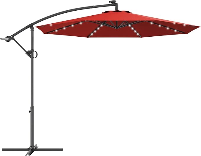 Tangkula 10 FT Solar Patio Umbrella, Offset Cantilever Outdoor Umbrella with 360 Degree Rotation, Aluminum Pole, Easy Tilt Adjustment, Crank Handle & Cross Base for Pool Deck Garden Backyard