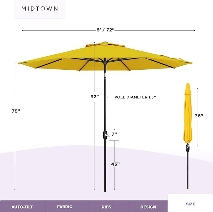 Midtown Umbrellas - 10-Year-No-Fade 6 Ft Patio Umbrella with Terylast Fabric, Auto-Tilt Aluminum Frame and 8 Reinforced Ribs for Deck, Pool, Garden & Beach - Sunflower Yellow Canopy, Black Pole