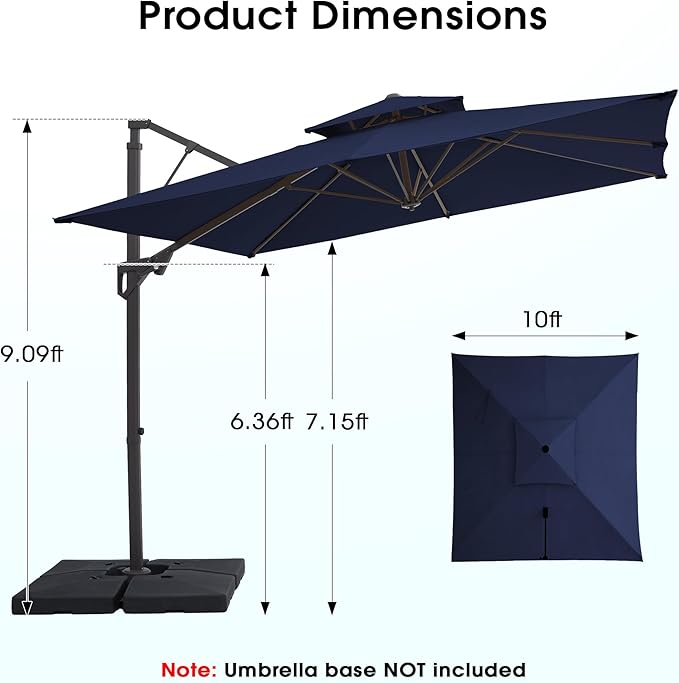 JEAREY 10ft Cantilever Patio Umbrella Outdoor Square Large Offset Umbrella Double Top Roating Heavy Duty Sun Umbrella for Patio Lawn Garden Backyard and Pool,Navy