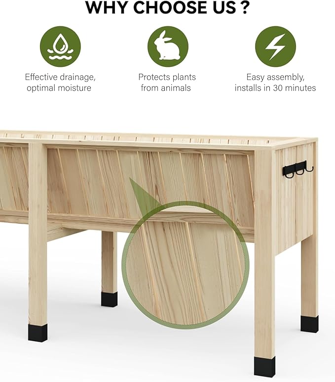 72x26x30 Inch Raised Garden Bed With Leg, Elevated Wood Planter Box Stand for Vegetables, Herbs & Flowers, 6x2x2.5 Ft Outdoor Standing Planter w/Hooks,13.7In Depth Plante for Backyard, Patio, Balcony