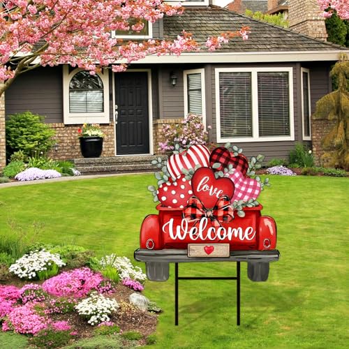 Valentine' s Day Metal Garden Stake Welcome Yard Sign Red Love Heart Truck Decorative Lawn Sign for Wedding Anniversary Home Outside Lawn Porch Walkway Decor (Valentine' s Day Truck)