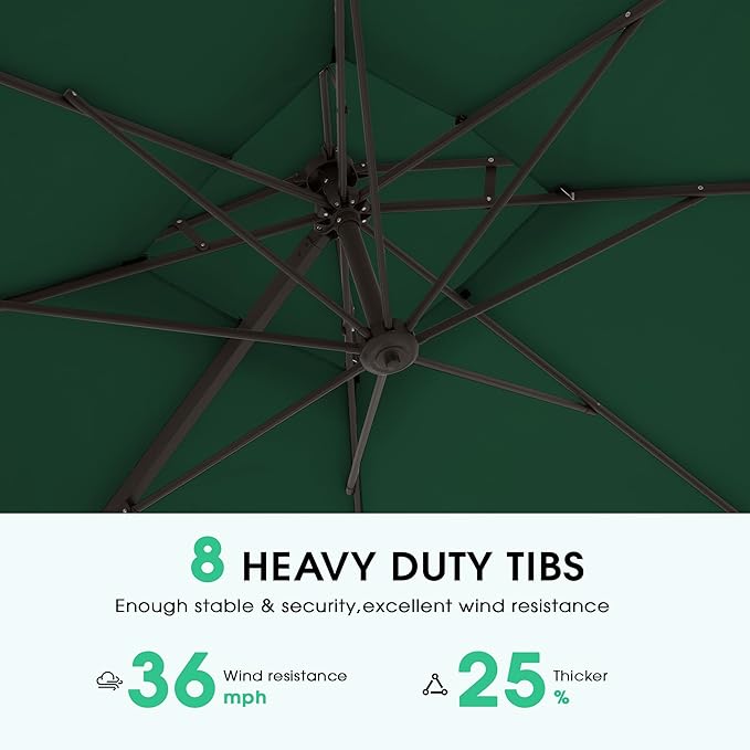 JEAREY 10ft Cantilever Patio Umbrella Outdoor Square Large Offset Umbrella Double Top Roating Heavy Duty Sun Umbrella for Patio Lawn Garden Backyard and Pool,Dark Green