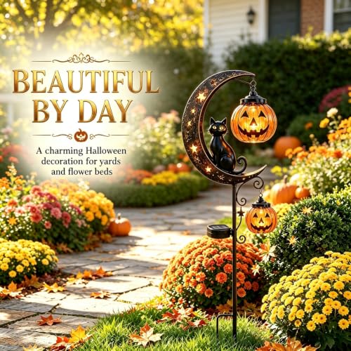 Solar Halloween Black Cat & Pumpkin Moon Garden Stake Light (Style-C)