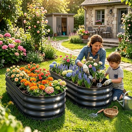 Galvanized Raised Garden Bed Outdoor 4x2x1 ft 2 Pack Oval Gray (Gray 2 Pcs / 4 x 2 x 1 ft)