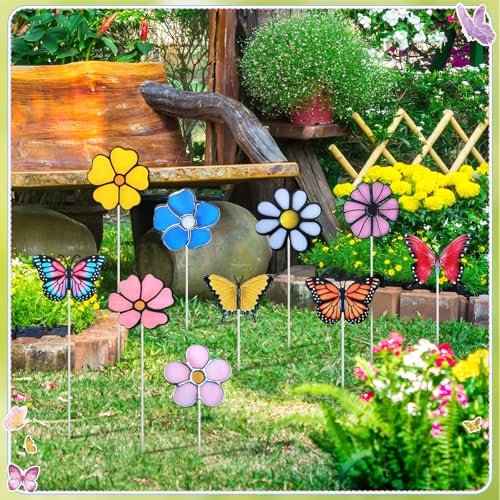 10 Pcs Metal Flower Garden Stake for Outside Outdoor 11.8" 5D Summer Flowers Butterfly Metal Sign Waterproof Decoration Landscape Ornament for Lawn Yard Garden Patio Porch Art (Butterfly, Flower)
