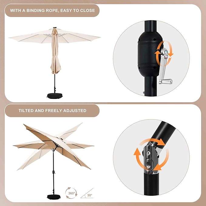 Sundale Outdoor Solar 88 LED 10 ft Patio Umbrella with Sand Bag Umbrella Base, Outdoor Umbrella with Tilt and Crank, Tan