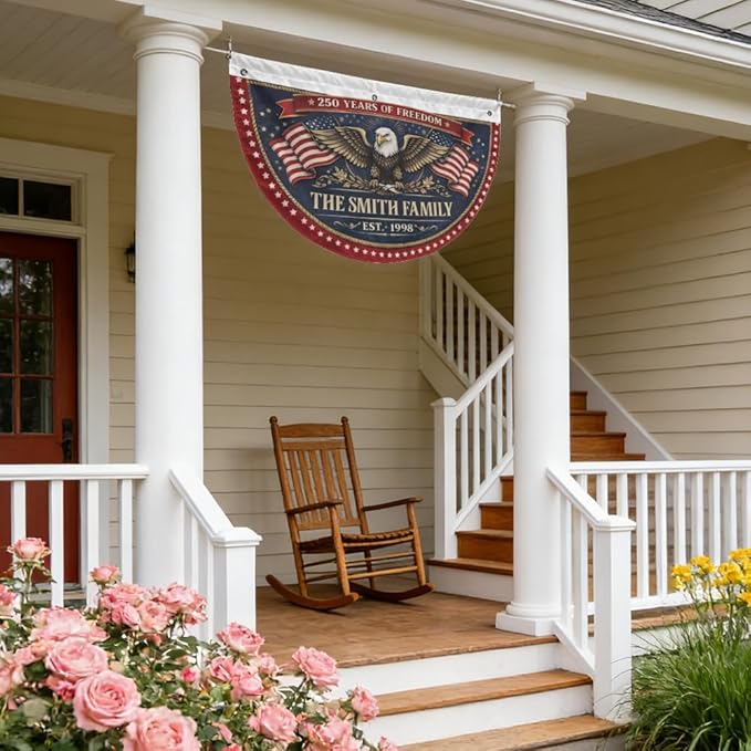 Personalized Patriotic Bunting Flag with Custom Family Name and Year – 250 Years of Freedom USA Patriotic Bunting Banner – 4th of July Americana Porch Decor, Outdoor American Flag Bunting