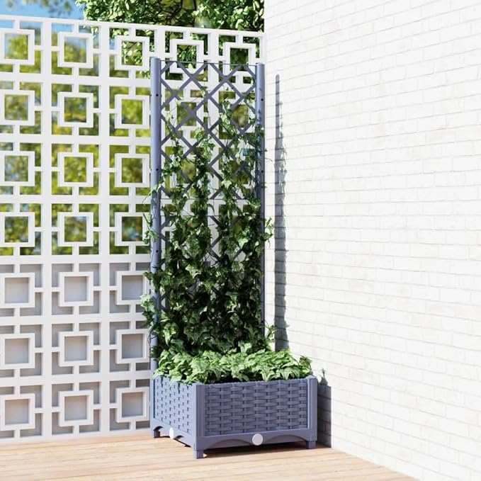 Garden Planter with Trellis Blue Gray 15.7" x 15.7" x 47.8" PP Raised Bed for Outdoor Plants Flower Bed Elevated Garden Box for Climbing Plants Outdoor Decoration Patio Planter