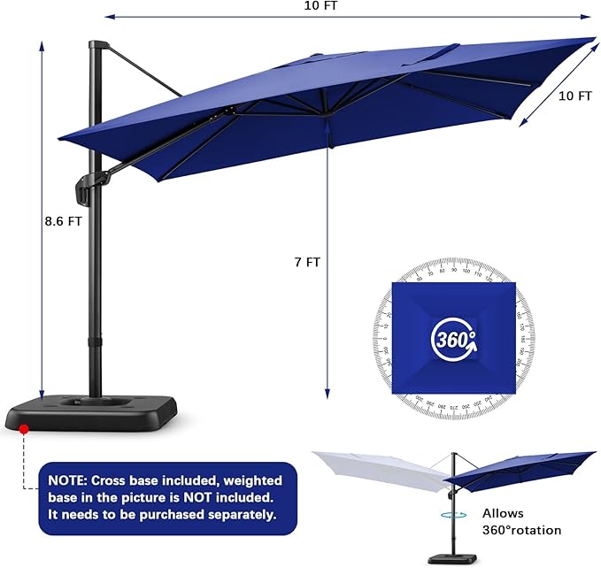 Hoteel 10ft Patio Umbrella Heavy Duty Aluminum Windproof & Shade Provision Outdoor Cantilever Square Offset Large Umbrella Height Adjustable with 360°Rotation for Patio Pool Deck Gazebo, Dark Blue