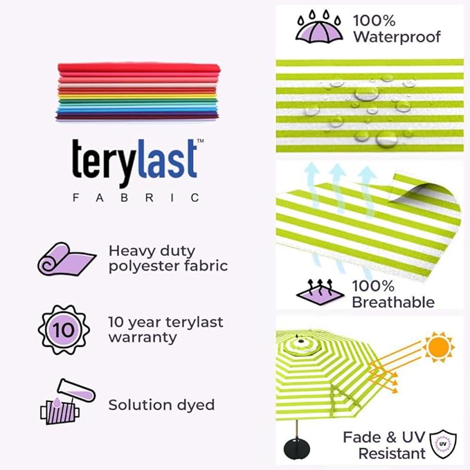 The Swilt 9 Feet Outdoor Umbrella With Terylast Pear Stripes (Green/White) Polyester Fabric - Fiberglass Ribs, Auto-Tilt And Swivel Aluminum Frame Patio Umbrella For Deck, Garden, Pool - Black Pole