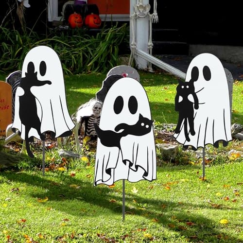 3 Pcs Metal Halloween Yard Decorations (Ghost Cat / Black,White)