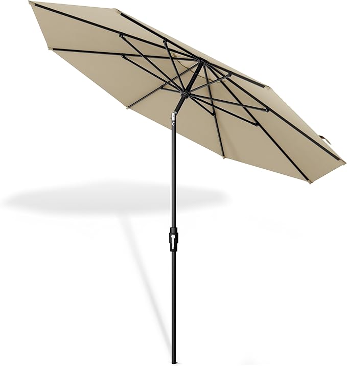 The Swilt 9 Feet Outdoor Umbrella With Terylast Chestnut (Beige) Polyester Fabric - Fiberglass Ribs, Auto-Tilt And Swivel Aluminum Frame Patio Umbrella For Deck, Garden, Pool - Black Pole