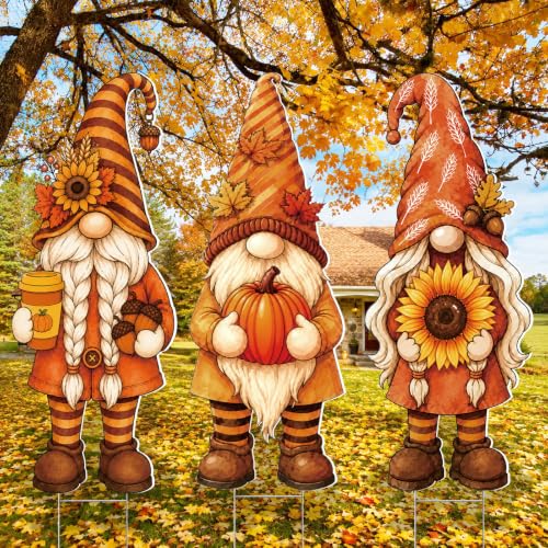 3 Pcs Fall Yard Decoration Autumn Gnome Yard Sign Stakes Outdoor Lawn Decor (Orange Yellow)