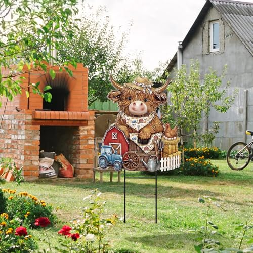 Farmhouse Highland Cow Outdoor Decor Rustic Metal Garden Stakes (Countryside)