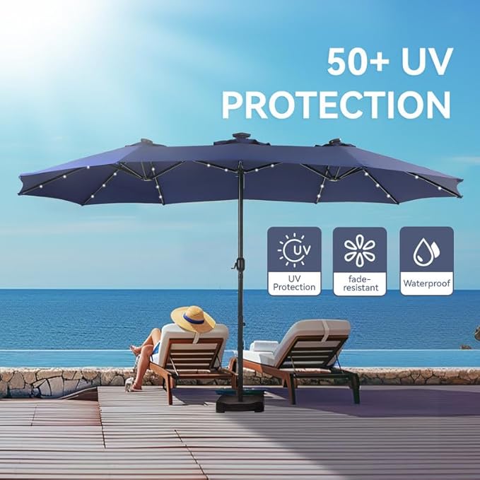 GREEN PARTY 15 ft Rectangle Patio Umbrella with Solar Lights and Base Included, Double-Sided Market Table Umbrella with Crank, Large Outdoor Umbrellas for Patio Poolside Garden Backyard, Navy Blue
