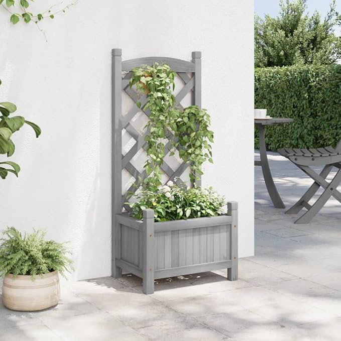 Gray Solid Fir Wood Raised Planter Box with Trellis for Outdoor and Indoor Gardening Rectangular Decorative Planter for Plants and Vegetables