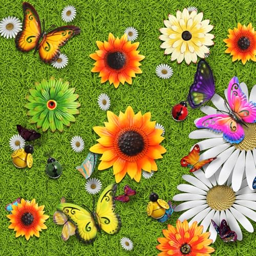 14 Pcs Metal Flower Decor 3D Sunflower Daisy Multicolored Garden Art Outdoor Decorations Butterfly Bee Ladybug Wall Art for Yard Fence Home