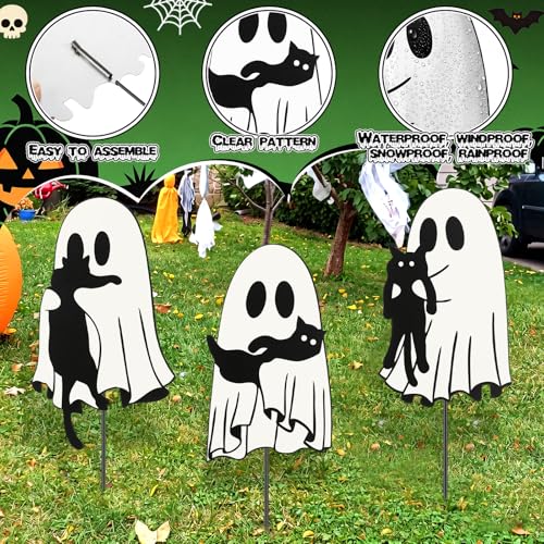 3 Pcs Metal Halloween Yard Decorations (Ghost Cat / Black,White)