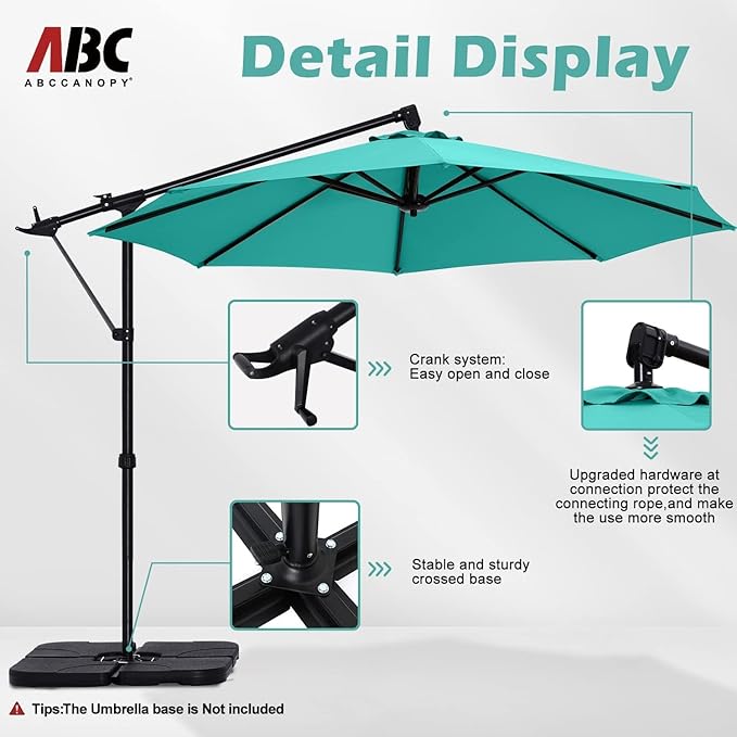 ABCCANOPY 10FT Cantilever Patio Umbrella with Base Stand, Offset Hanging Outdoor Umbrella, 360° Rotation & Tilt Adjustment, UV Protection, Fade Resistant Fabric for Pool, Deck, Garden, Backyard(Turquoise)