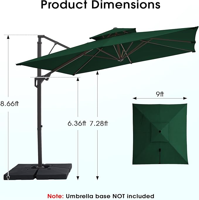 JEAREY 9ft Cantilever Patio Umbrella Outdoor Square Large Offset Umbrella Double Top Roating Heavy Duty Sun Umbrella for Patio Lawn Garden Backyard and Pool,Dark Green