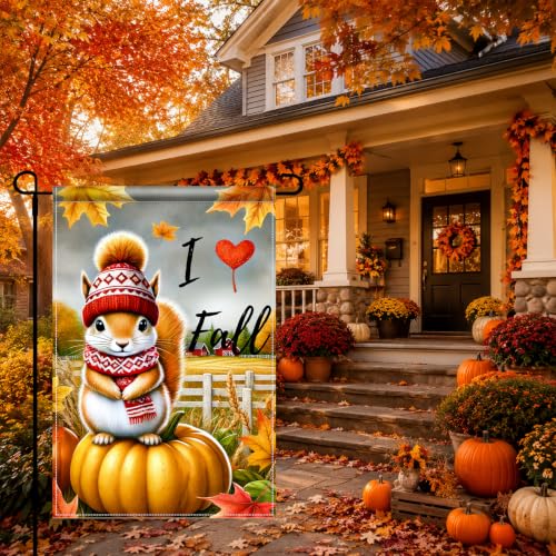 I Love Fall Garden Flag Squirrel Pumpkin Decor 12x18 Inch (Squirrel)