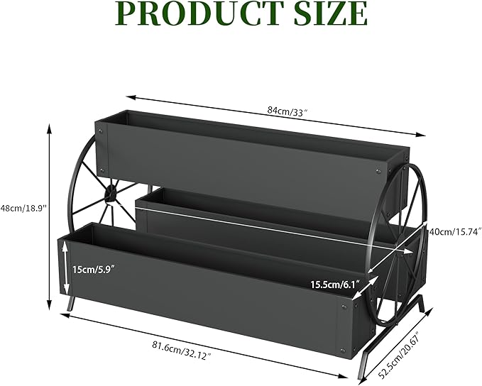Metal Raised Garden Beds with Wagon Wheels, 3-Tier Outdoor Planter Boxes, Decorative Herb Garden Planter for Flowers Herbs Vegetables, Small Flower Cart for Patio, Balcony (Black)