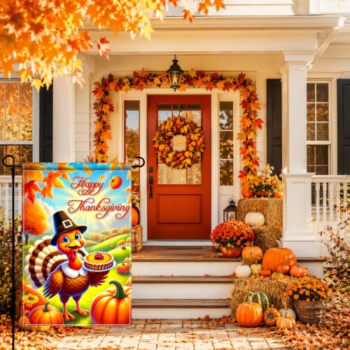 Happy Thanksgiving Turkey Garden Flag 12x18 Inch Fall Decor (Turkey)