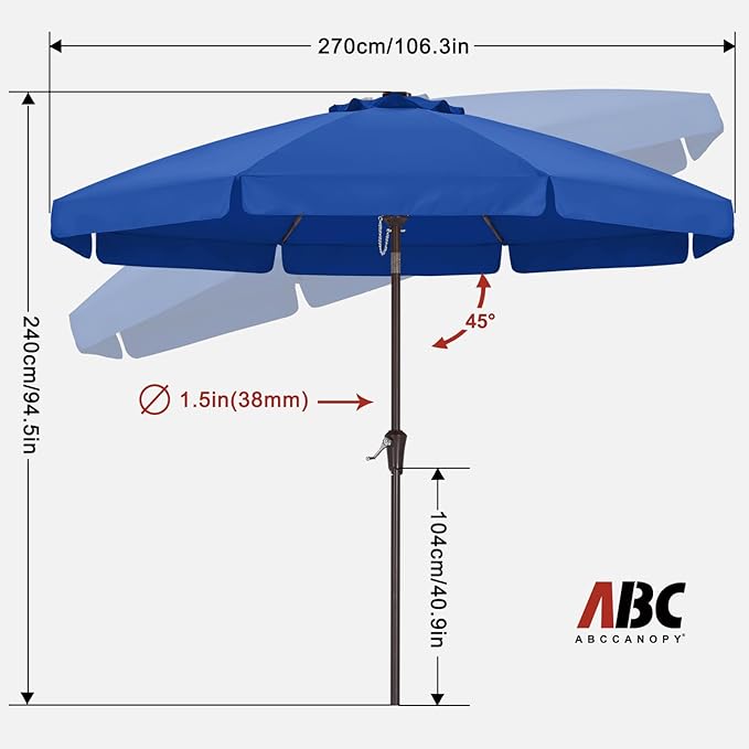 ABCCANOPY 9ft Scalloped Patio Umbrella, Outdoor Table Umbrella with Tilt and Crank, Fiberglass Ribs Deck Umbrella for Patio, Pool, Garden, Picnic (Blue)