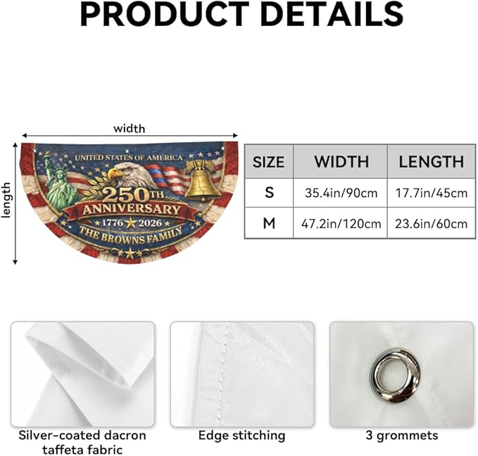 Personalized USA 250th Anniversary Bunting Flag 1776-2026, Custom Family Name Patriotic America Bunting, Non-Pleated Fan Flag for Porch, Wall, Fence, Outdoor 4th of July Decor
