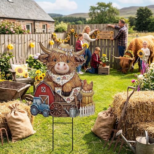 Farmhouse Highland Cow Outdoor Decor Rustic Metal Garden Stakes (Countryside)