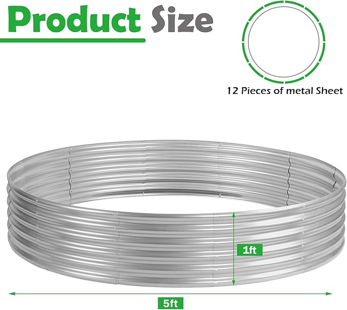 PINPON 5x5x1ft Round Galvanized Raised Garden Bed Outdoor, Large Metal Planter Box for Vegetables, Sturdy Above Ground Garden Bed for Backyard, Patio, and Fire Pit Ring