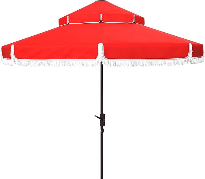 SAFAVIEH 9ft Outdoor Patio Umbrella, Round, Double Top, Milan Fringe, Red & White, Crank, Button Tilt, UV Resistant for Deck, Backyard, Poolside (PAT8208E)