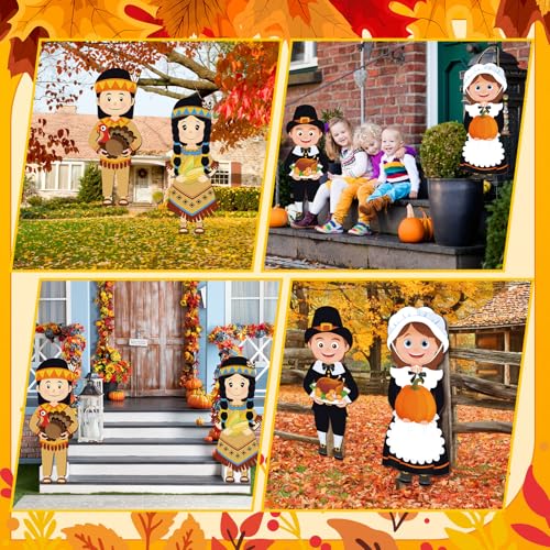4 Pcs Thanksgiving Pilgrim Decoration Outdoor Fall Pilgrim Boy and Girl Hanging Signs for Indian 25 x 10 Inch Wooden Thanksgiving Signs Hanger for Porch Front Door Wall Home Outside Party
