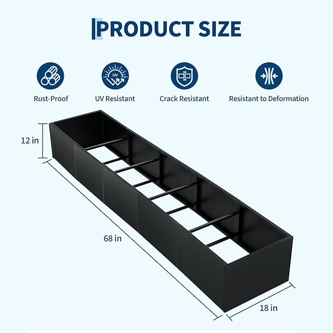Garvee Extra Long Metal Planter Box, 68"X18"X12" Large Outdoor Rectangular Planter for Garden & Patio, Heavy Duty Steel Raised Garden Bed with Snap-on Assembly and Open Base Design