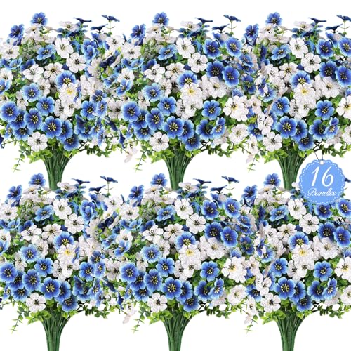 16PCS UV Resistant Artificial Flowers for Outdoors (White+blue / 16PCS)